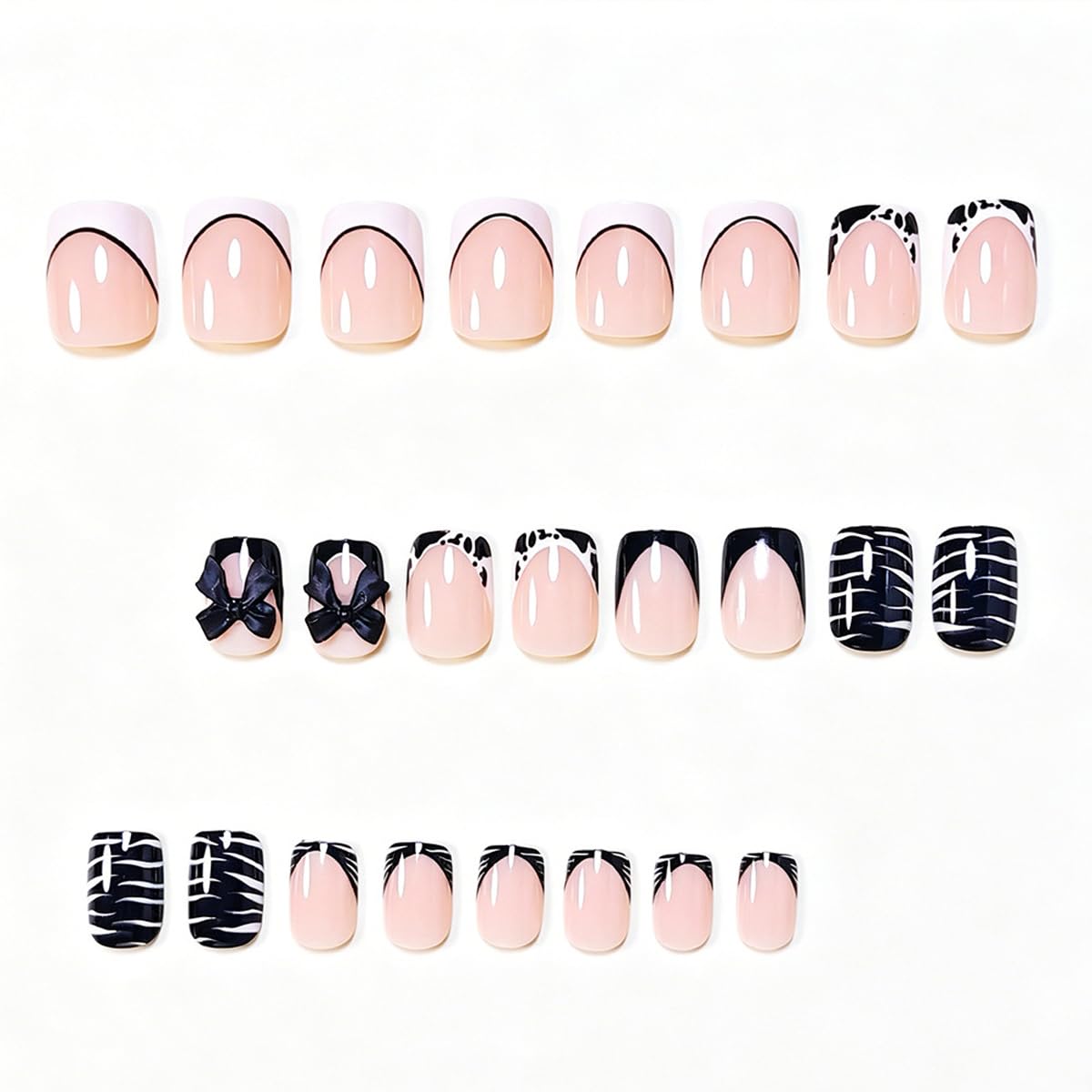 Short Square Press on Nails French Tip Fake Nails with Zebra Print & 3D Bow Design Nude Base Acrylic False Nails Reusable Glue on Nails for Women, Black White Manicure Kit with Jelly Glue, 24Pcs