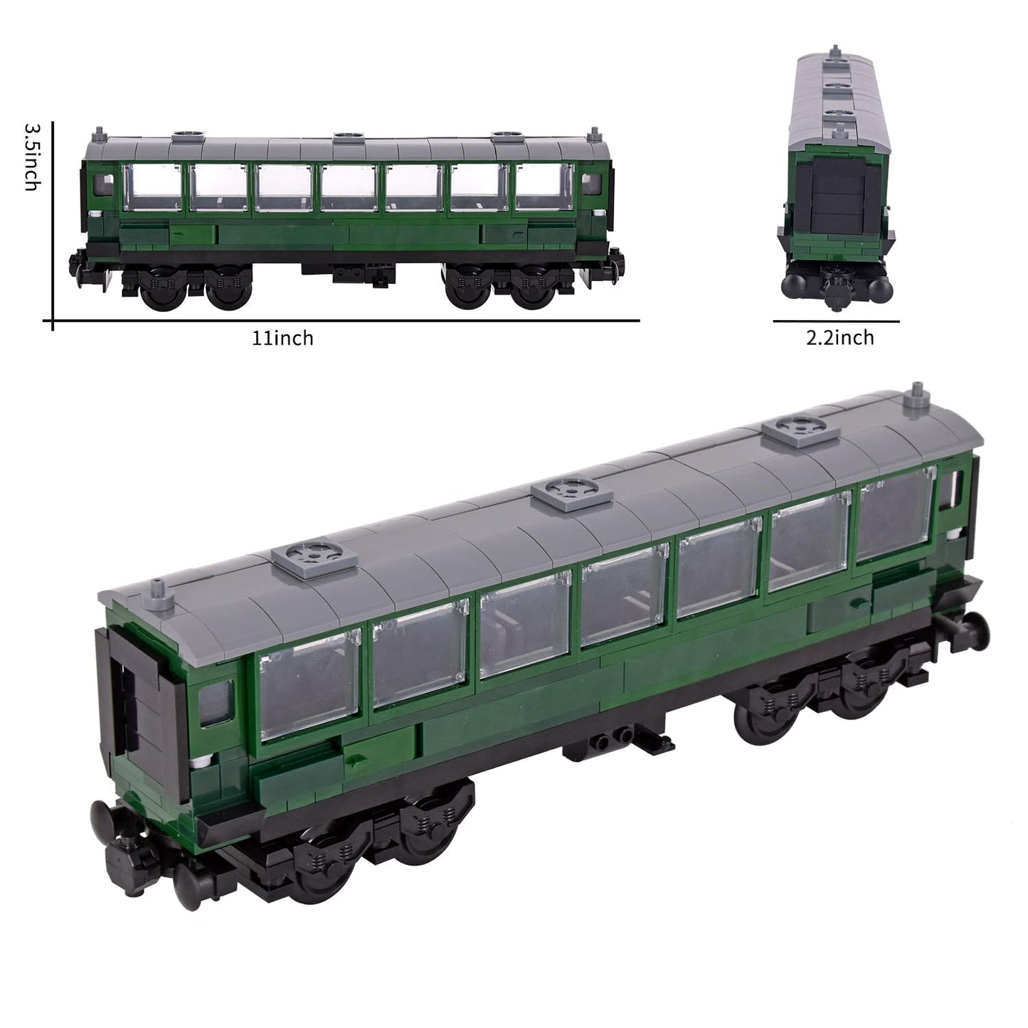 MXIZYDAOY Train Building Block Carriage Kit, Green Passenger Coach Model, Plastic Railway Car with Architecture Theme, Compatible Building Set for Kids 6+