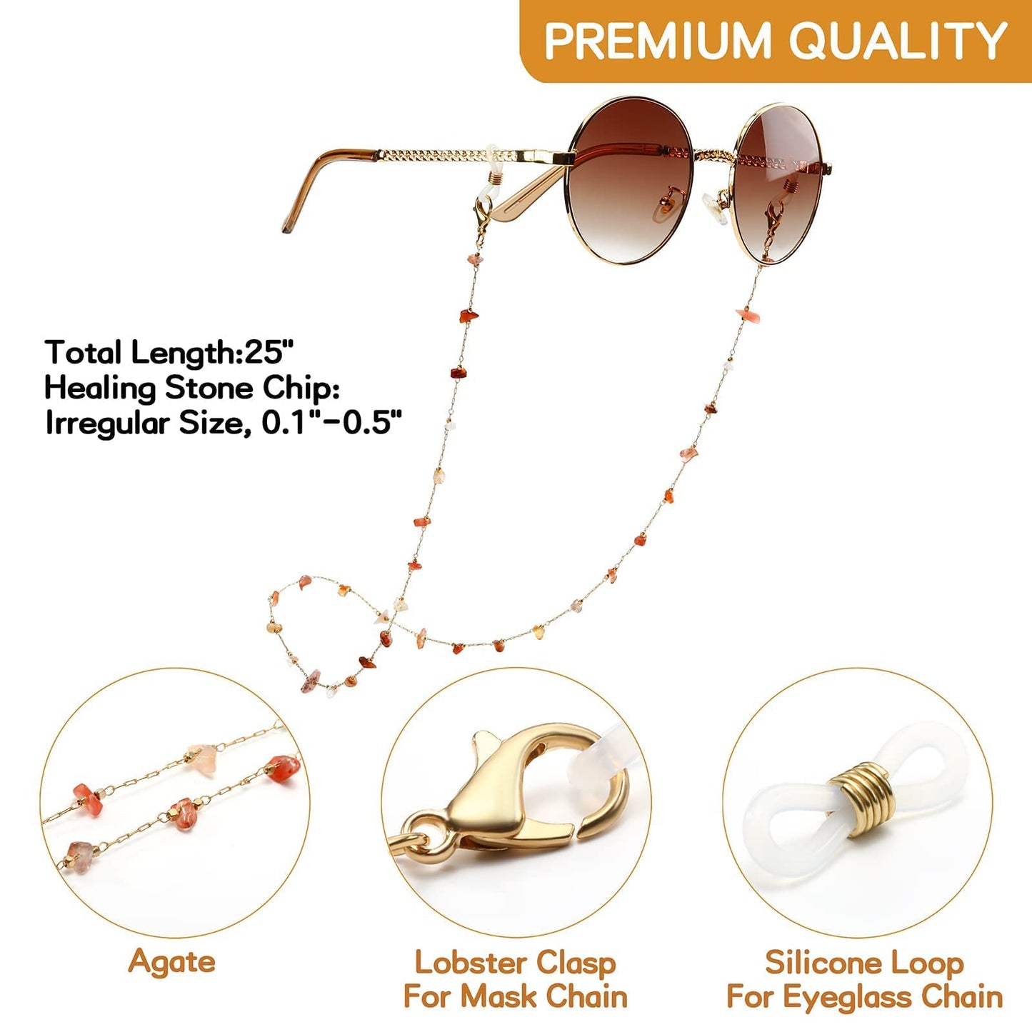 humlbird Eyeglass Chain for Women Stylish Mask Lanyard Natural Crystal Mask Chain Eye Glasses Holder Strap, Agate