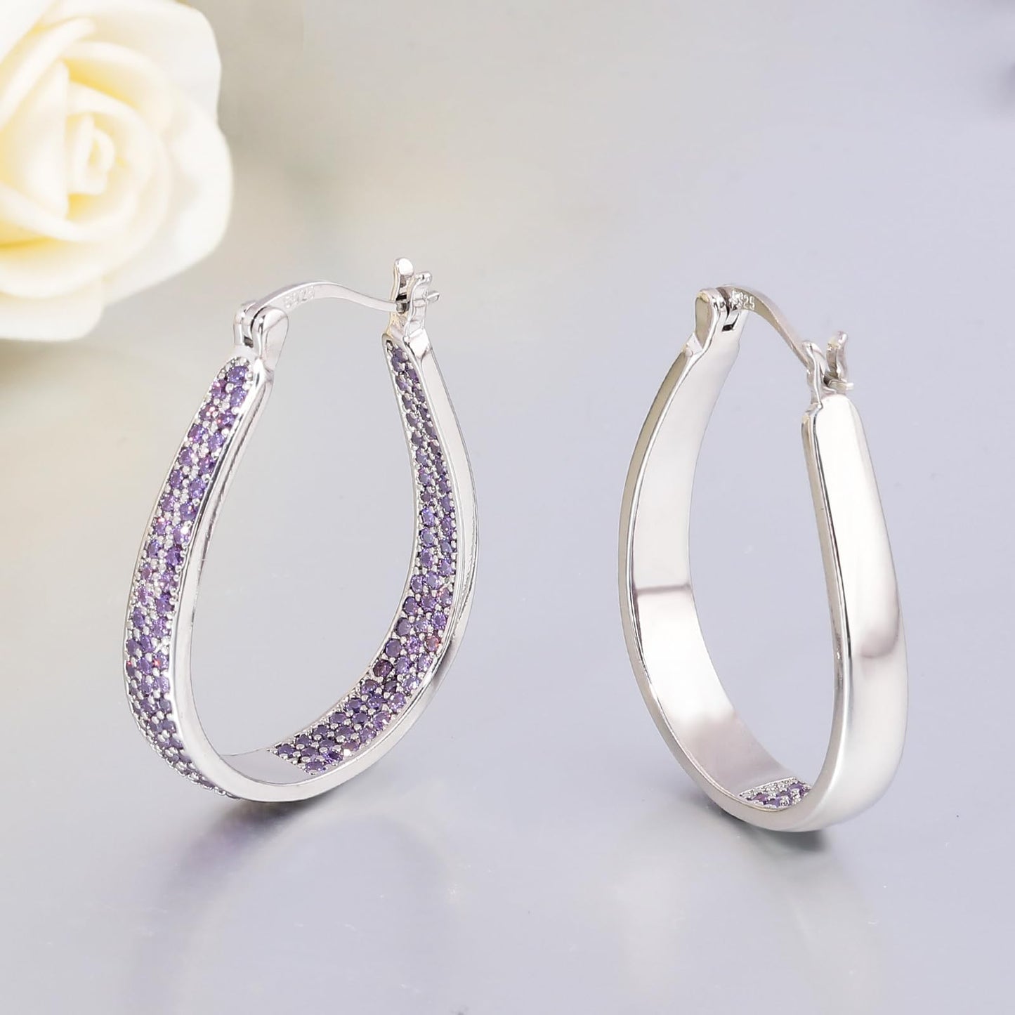 CiNily 925 Sterling Silver Post Hoop Earrings for Women Light Purple Cubic Zircon Hoop Earrings 14K White Gold Plated Oval Chunky Gemstone Hoop Earrings Jewelry