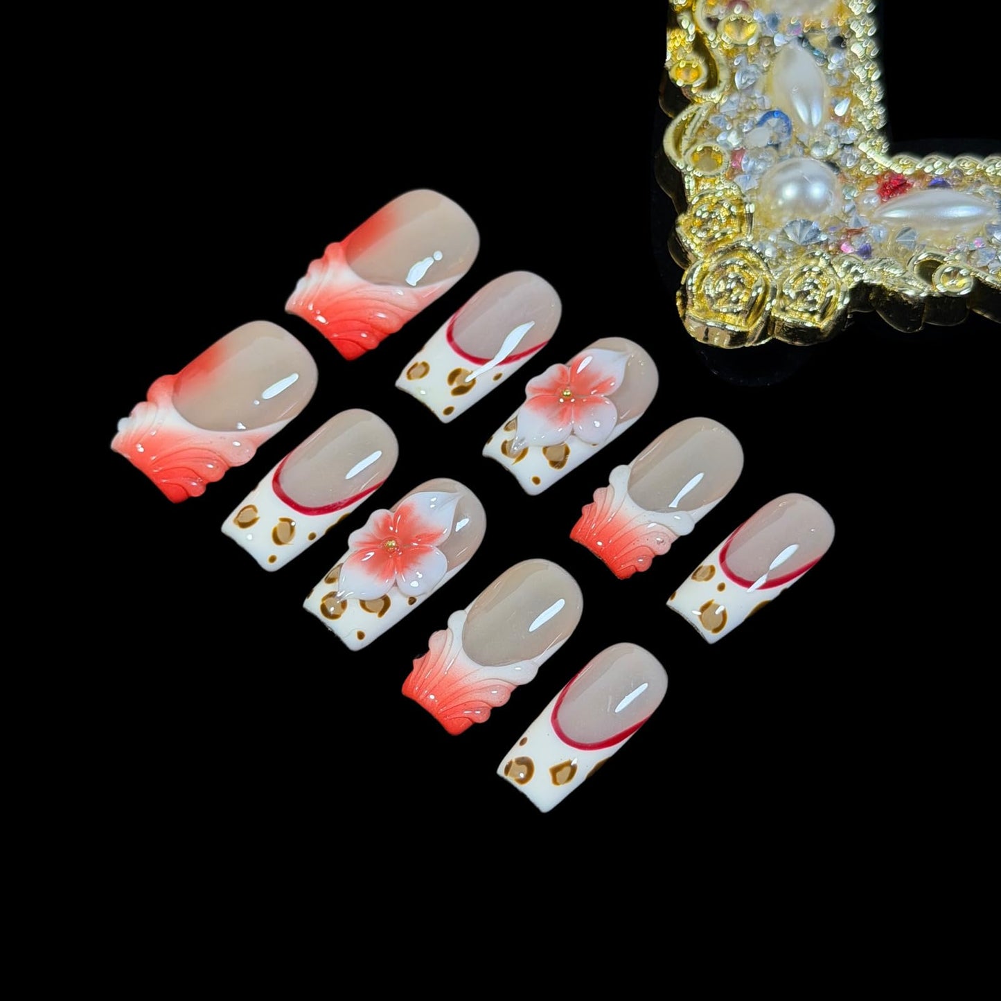 3D Handcrafted Press On Nails Medium/Short Square Length, Red French Tip Fake Nails with Leopard Print & Flower Design, Reusable Acrylic False Nails Crimbon Bloom (M)