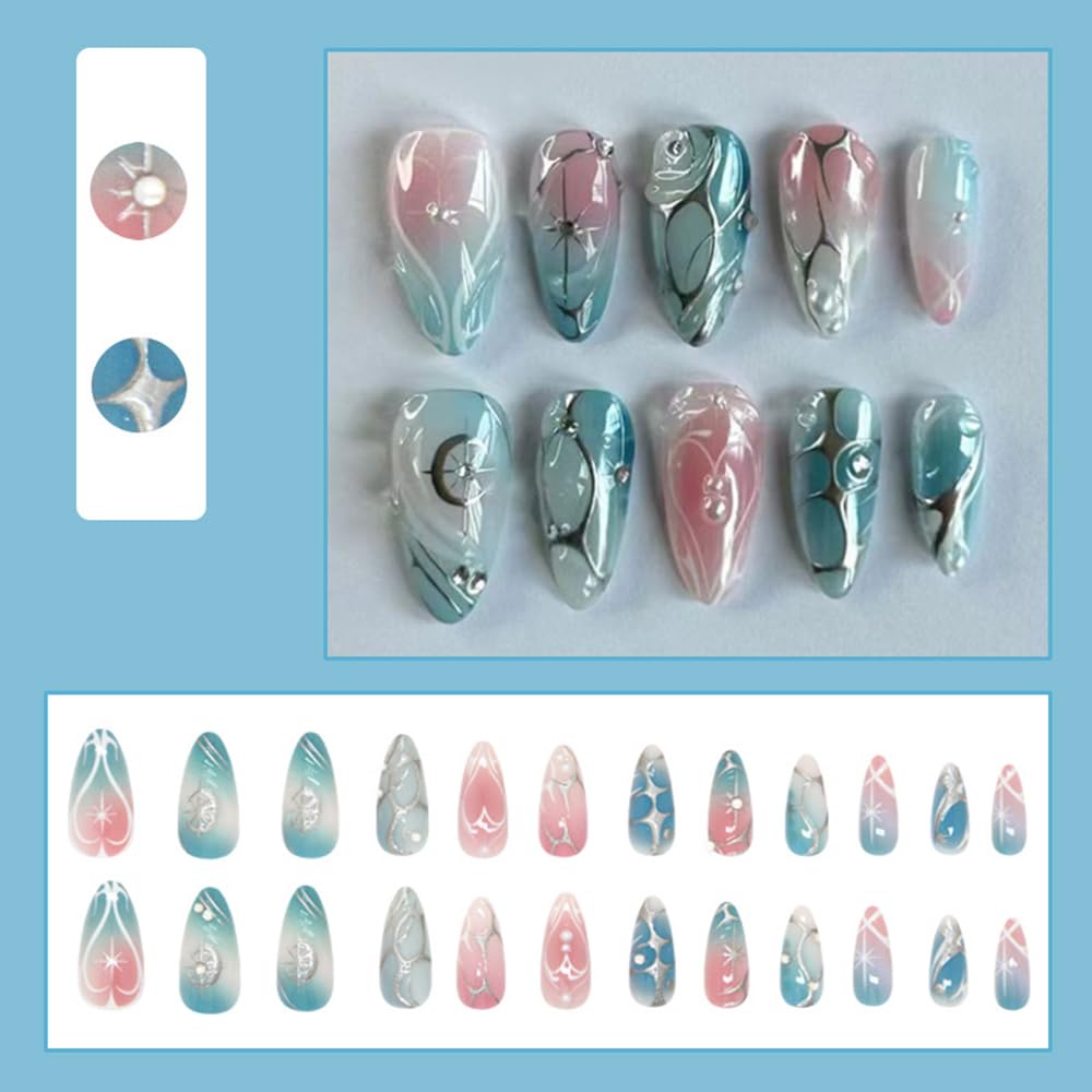 24 Pcs Ombre Blue Press on Nails Short Almond,MINGCHUN Fall Fake Nails Press ons Acrylic Nail Art Tips Kit Full Cover False Nails Glue on Nails with Starburst 3D Texture Design for Women Nail Supplies
