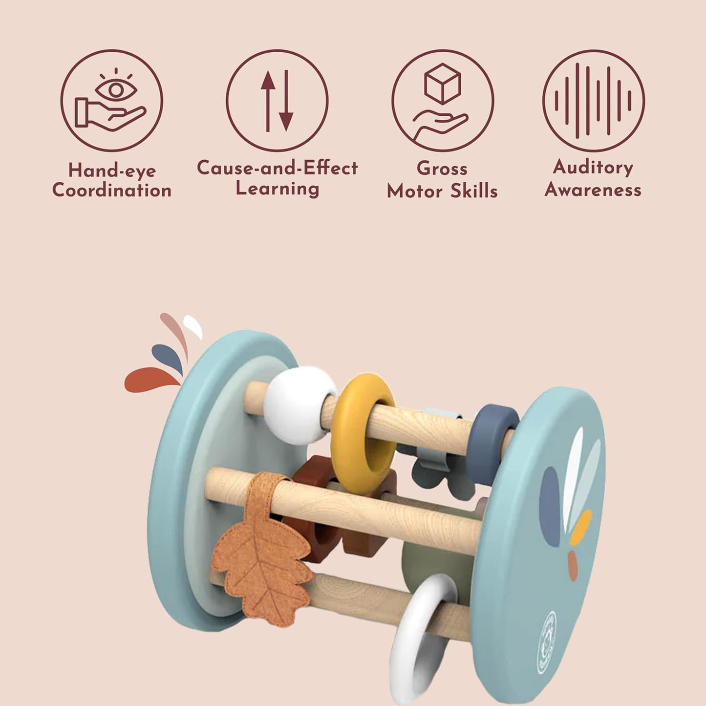 SPEEDY MONKEY Fox Roller Rattle Baby Toy | Wooden Animal Sensory Rolling Toy for Infants | Developmental Rattle for Crawling & Motor Skills | Early Learning Play for Babies & Newborns 6M+