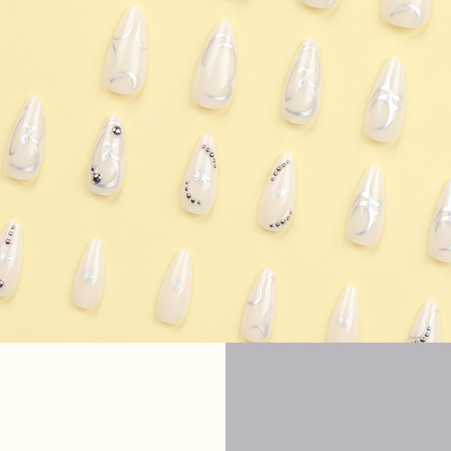 IMSOHOT Almond Press on Nails Medium Fake Nails White Glossy Acrylic False Nails with Metal Charms Designs Full Cover Silver Flame Stiletto UV Artificial Nails for Women and Girls