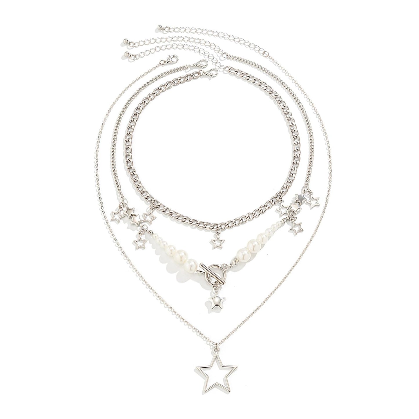 Stringex Layered Silver Y2k Star Pendant Necklaces Set for Women Stackable Stars Pearls Choker Necklace Adjustable Toggle Chain Necklaces Jewelry Accessories