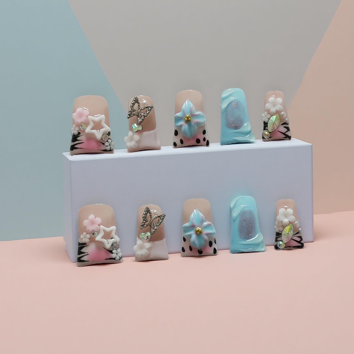 Tesytto Short Duck Press on Nails - 3D Floral Metallic Butterflies False Nails with Pink French Tip & Leopard Print, Pearls Star Luxury Design, Reusable Thick Acrylic Full Cover (Dance Passion,M)