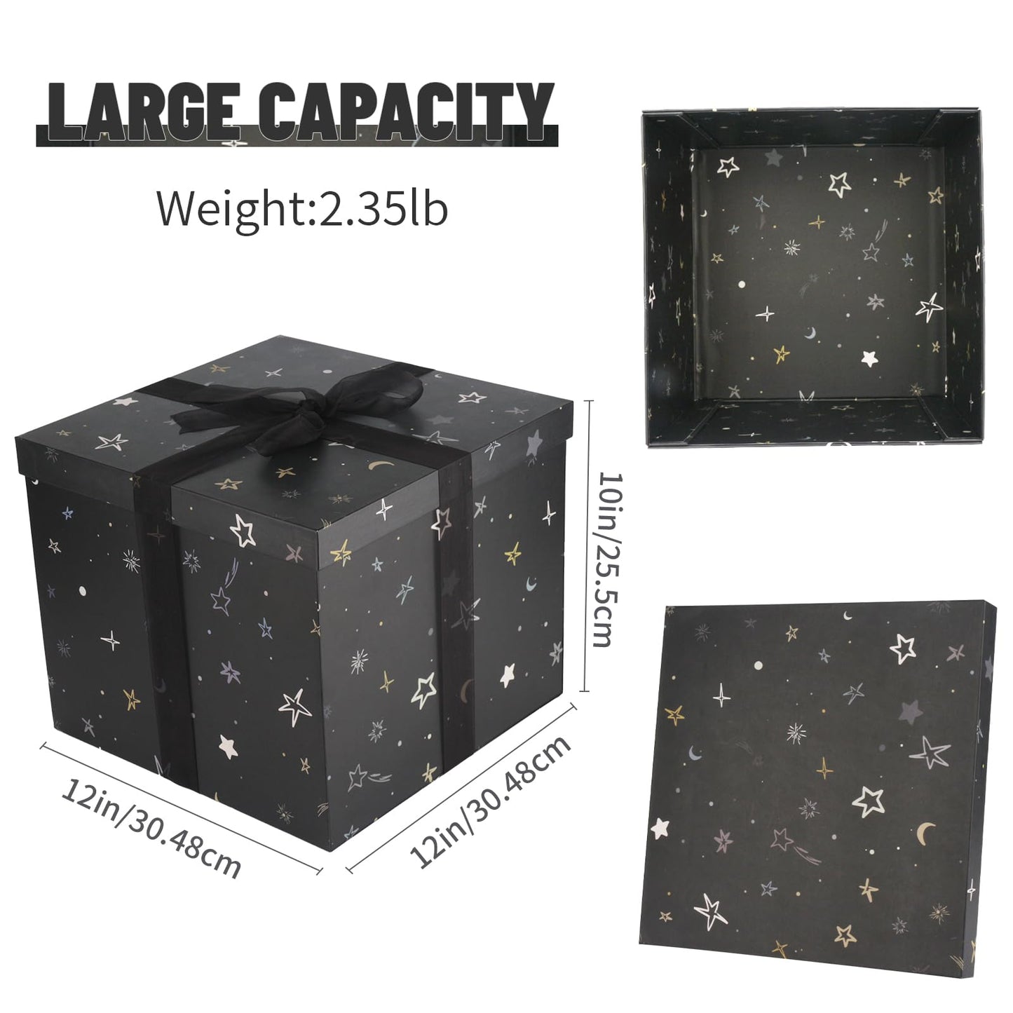 YINUOYOUJIA Large Gift Box 12x12x10Inches,Gift Boxes with Lids for Presents,Present Box,Birthday Box,Gift Packaging for Valentine's Day,Mother's Day,Christmas,Anniversaries.(Black Stars)