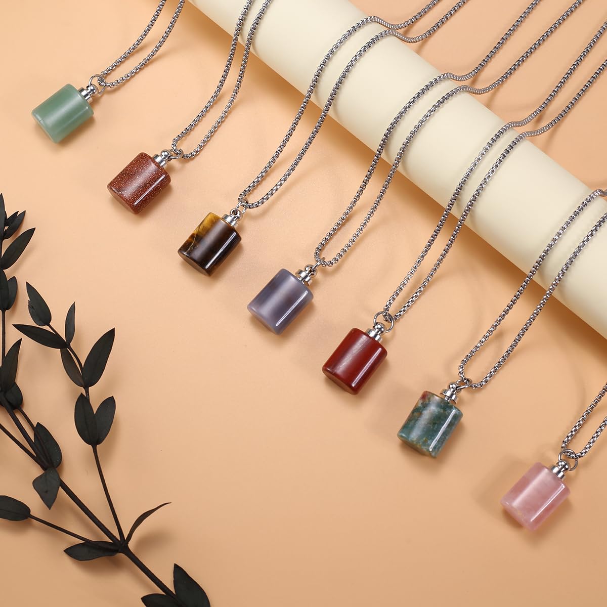 Zotoone 2PCS Natural Stone Perfume Bottle Pendant Necklace Rose Quartz Agate Link Chain Healing Crystals Stone Charms Necklaces For Women
