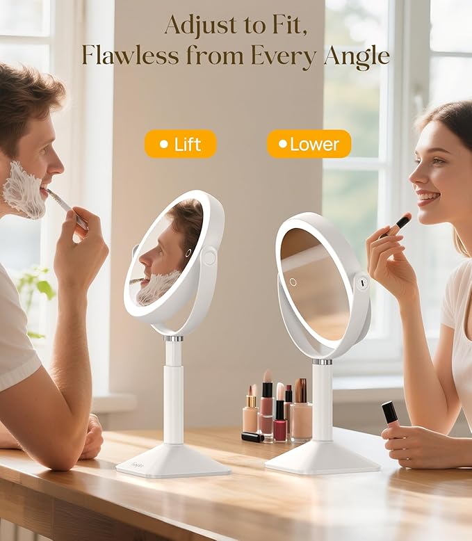 Gospire 20X Magnifying Vanity Mirror with Lights - Height Adjustable Lighted Makeup Mirror with Magnification, 4000mAh Rechargeable Battery, 3 Colored Dimmable Light for Desk Home Travel, White