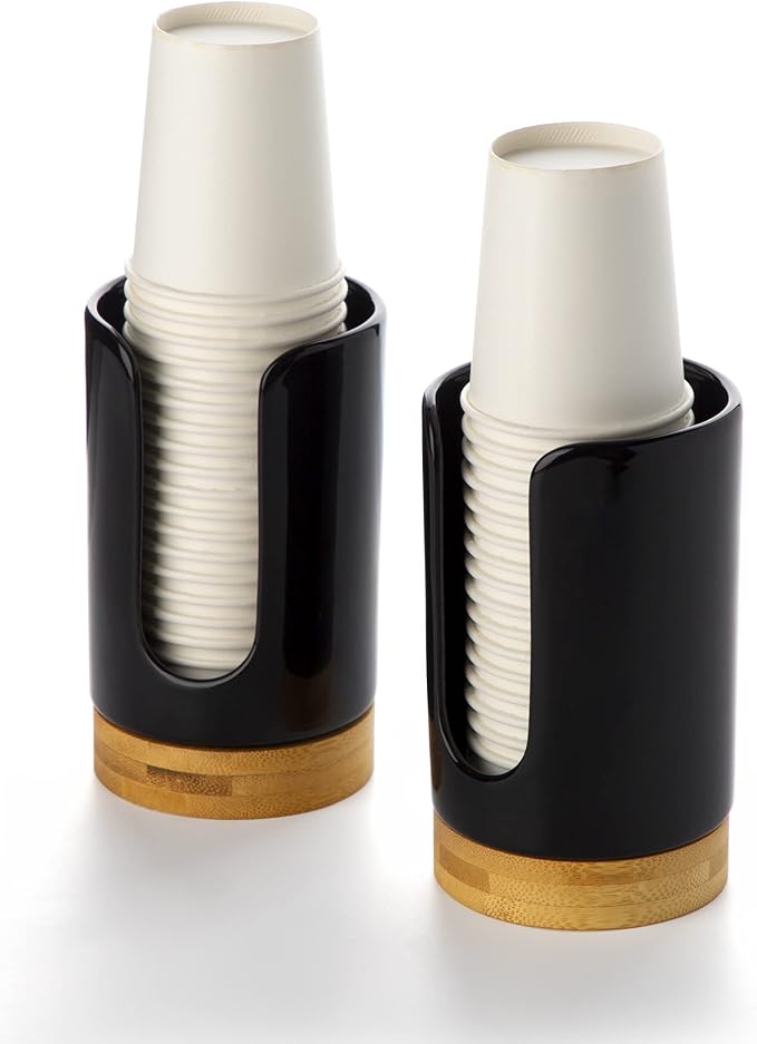 5oz Ceramic Bathroom Cup Dispenser (2nd Generation) Dixie Holder-Disposable Paper Holder for Rinsing Cups on Vanity Countertops (2 Pack, Black) (V15007)