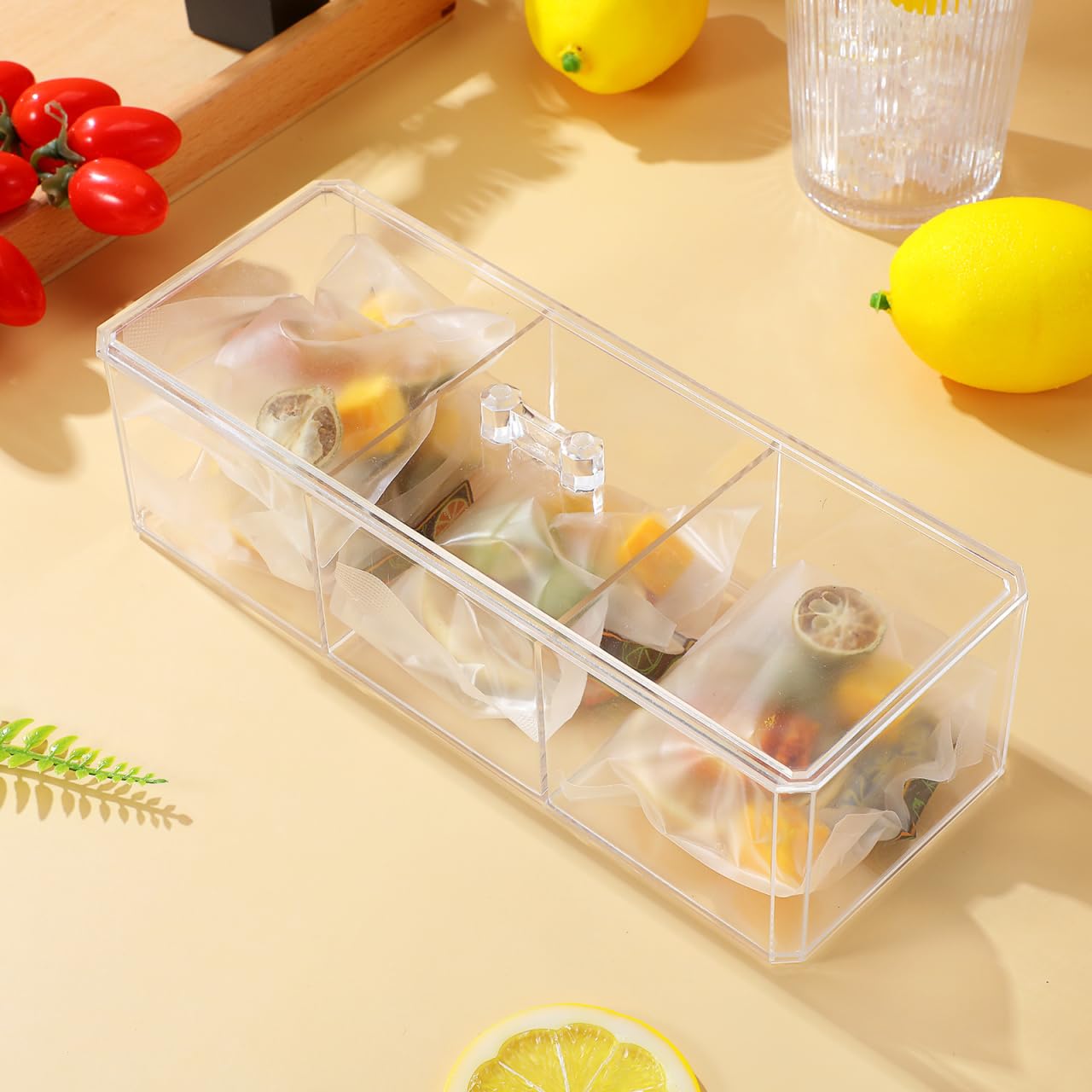 Unomor Tea Bag Organizer Box with Lid - Divided Acrylic Tea Storage Chest 9.17X3.74X3.26In Multi-Compartment Bag Holder for Kitchen Countertop Office and Home