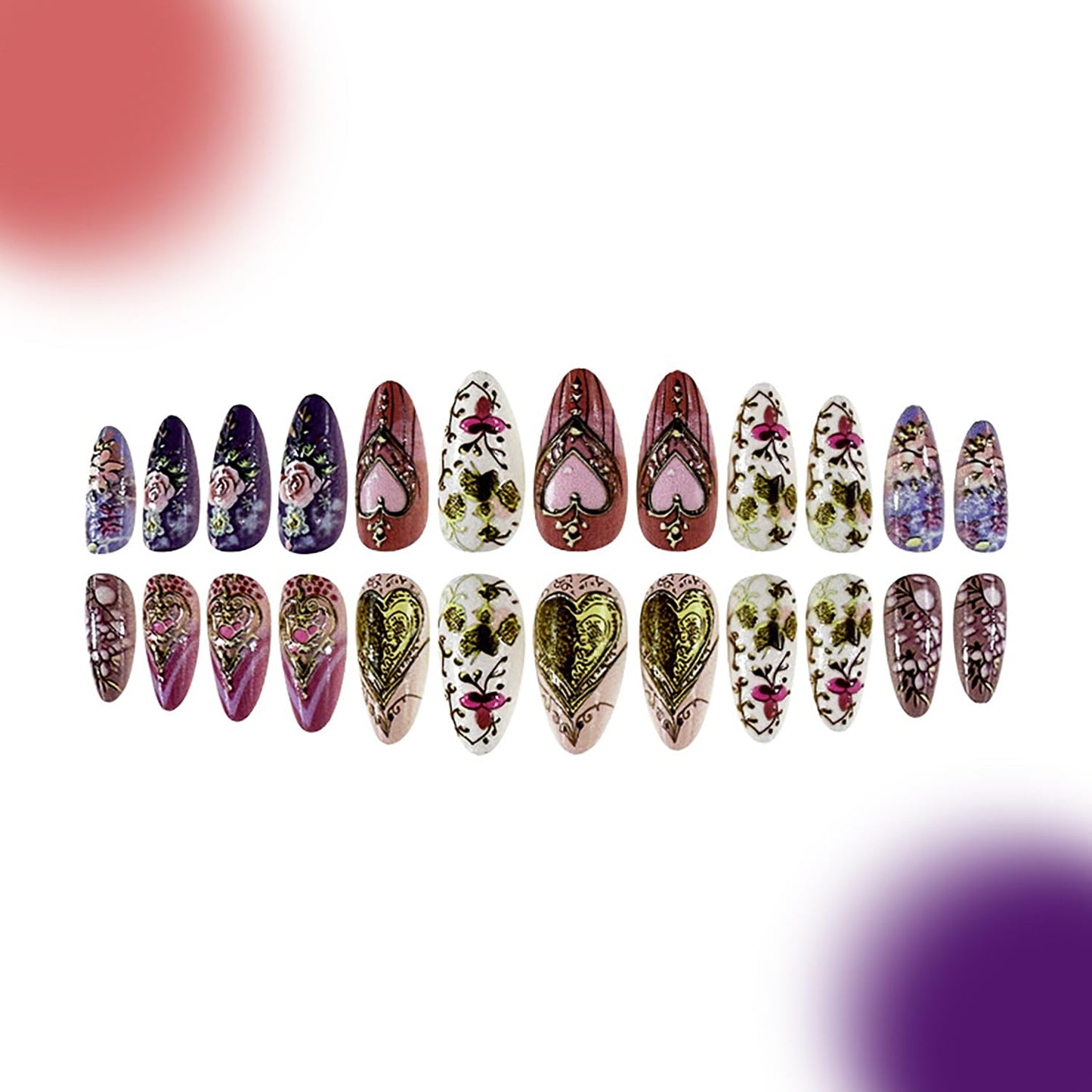 CJDLTS Gold Love Heart Press on Nails Almond Shaped Flower Rose Pattern Design Colorful Press Ons Acrylic Fake Nail Full Cover Glossy Artificial Fingernails Blossom Stick on Nails for Women 24Pcs
