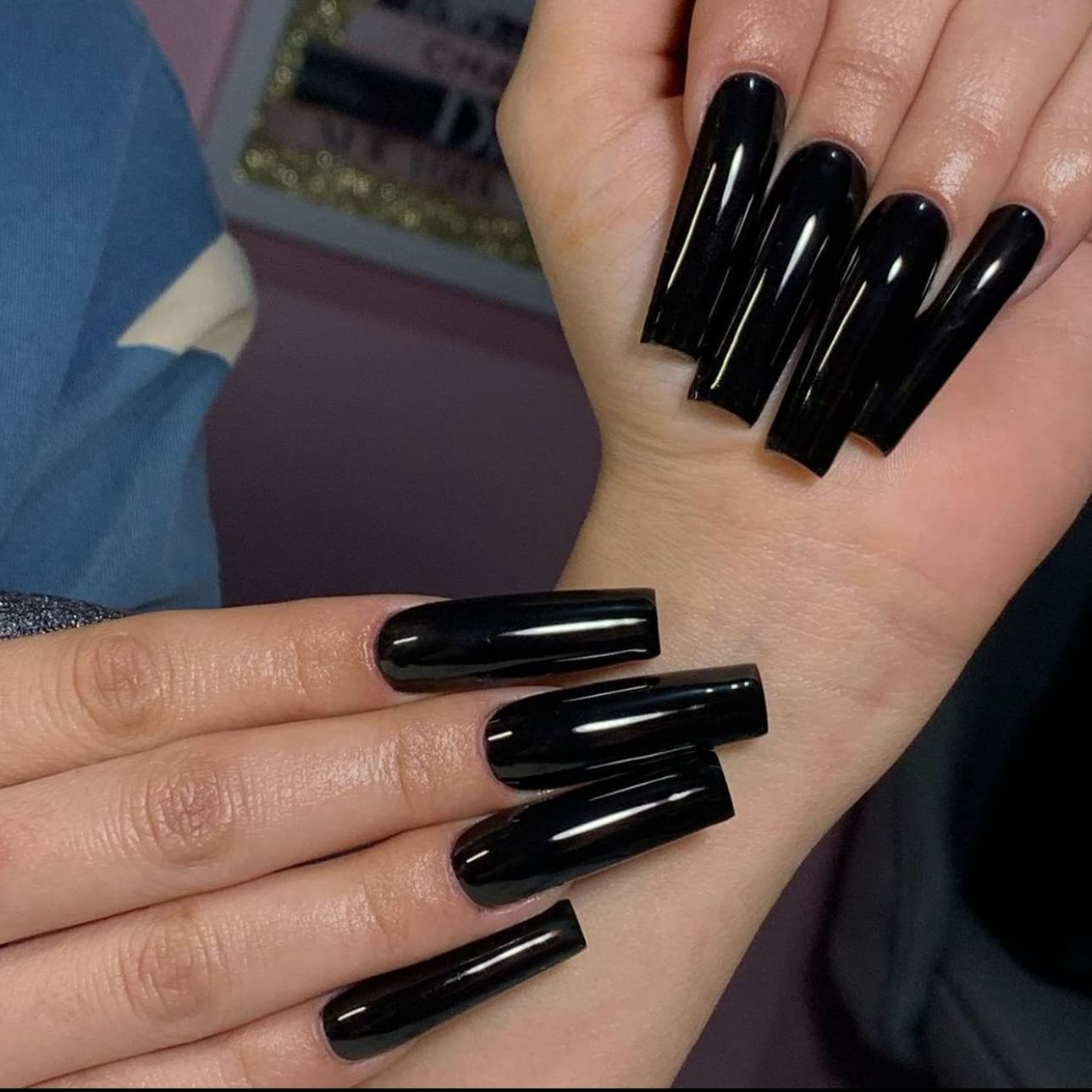 IMSOHOT Long Square Press on Nails Glossy Squoval Black Fake Nails Solid Color False Nails Full Cover Glue on Nails for Women and Girls