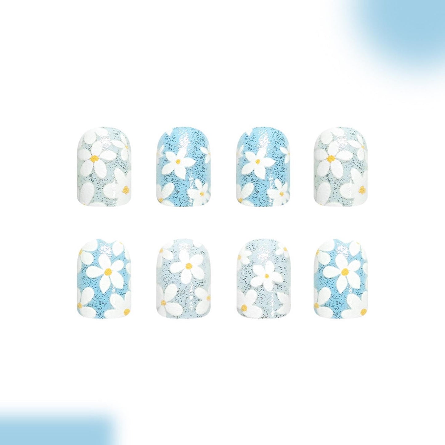 Blue Press on Nails Short Square Fake Nails with Flower Glitter Designs Spring Nails Press ons White Glue on Nails Summer Acrylic Nails Cute Floral Stick on Nails for Women 24Pcs