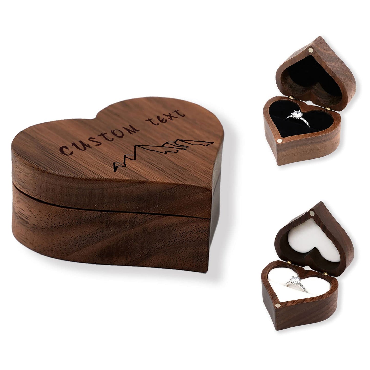 LAIFU Custom Wooden Ring Box for Wedding Ceremony with Text and Pattern Personalised Proposal/Engagement Ring Boxes Heart-shaped