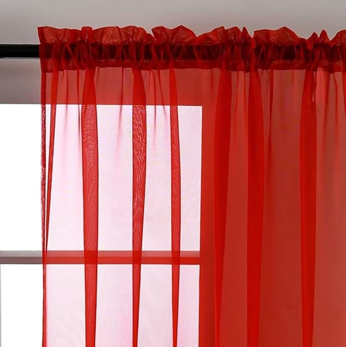 SpaceDresser Basic Rod Pocket Sheer Voile Window Curtain Panels Red 1 Pair 2 Panels 52 Width 96 Inch Long for Kitchen Bedroom Children Living Room Yard(Red,52 W x 96 L)