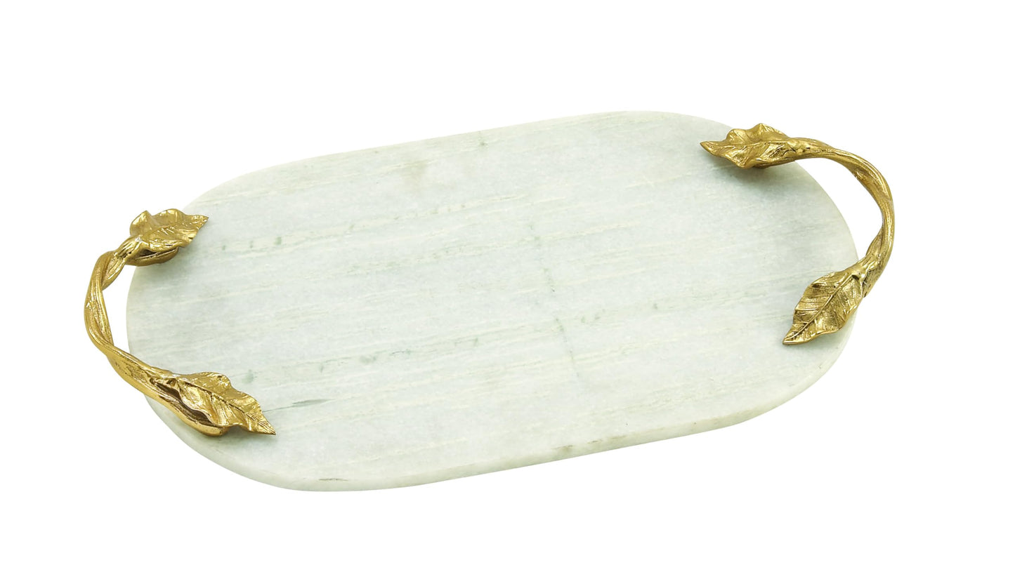 Deco 79 Marble Oval Tray with Gold Twisted Leaf Handles, 20" x 10" x 2", White