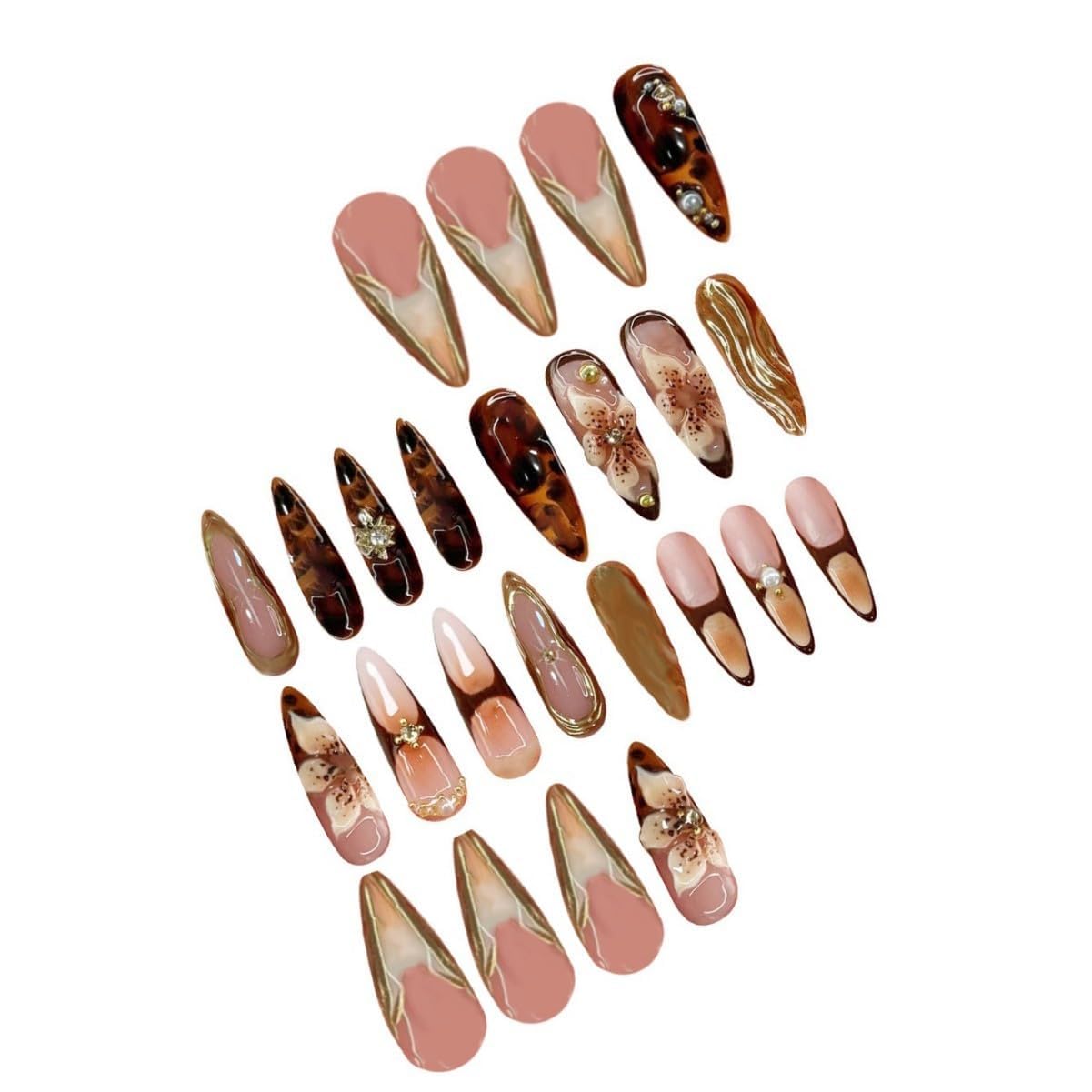 Long Press on Nails Almond Fake Nails Brown False Nails Flowers Artificial Nails with Gold Charm Designs Summer Handmade Nails 3D Floral Stick on Nails for Women 24pcs