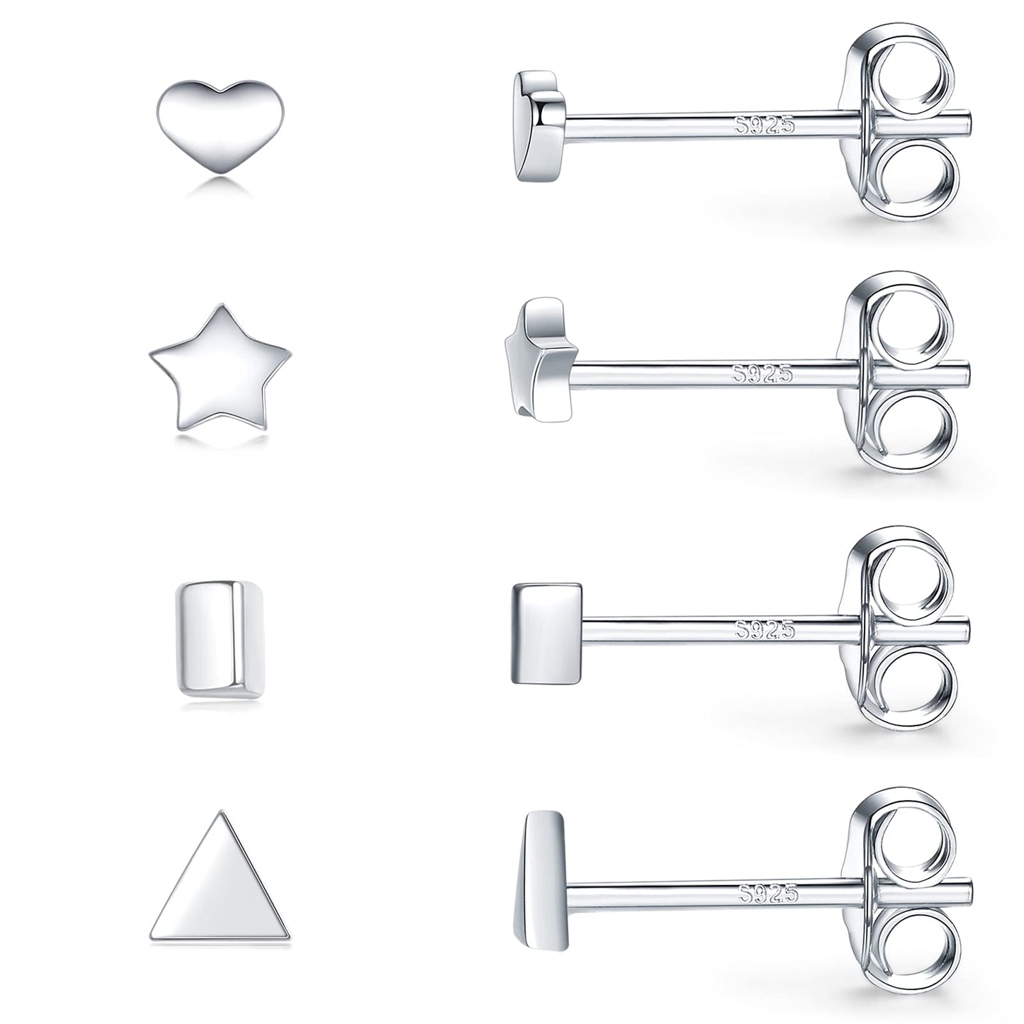Sterling Silver Stud Earrings for Women Men- 4 Pairs of Hypoallergenic Simple Geometric Small Stud Earring Set Tiny Triangle Square Heart Star Stud Earrings Mini Cartilage Tragus Earrings, Silver