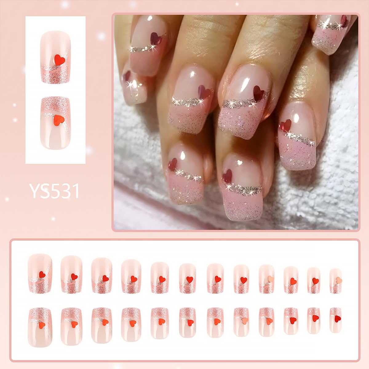 24Pcs Valentine's Day French Tip Press on Nails Medium Coffin Fake Nails with Silver Pink Glitter Heart Design Full Cover Artificial Glue on Nails Romantic Valentines Stick on Nails for Women DIY