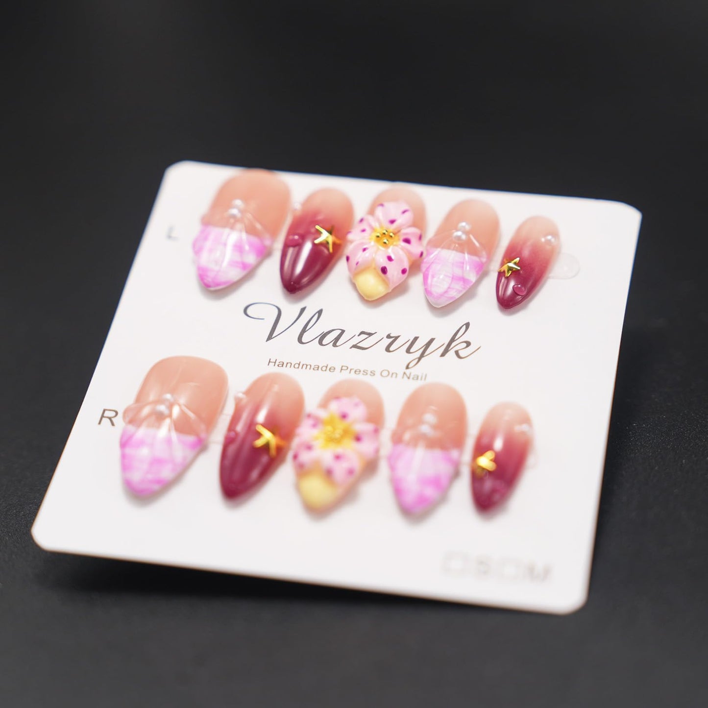 Handmade Press on Nails Wine Red Gradient,French Tip 3D Flower & Pearl Designs,Full Cover Medium Almond Fake Nails,Multi-Layer Gel Acrylic Stick on Nails for Women (10pcs) M SIZE