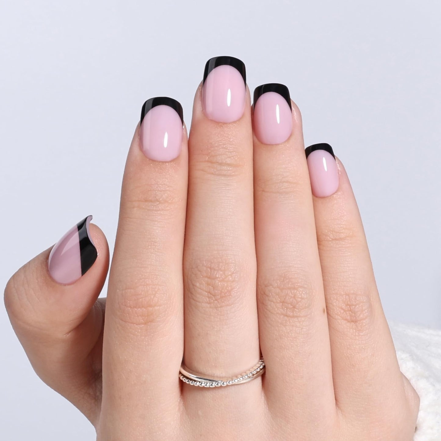 Black French Tip Press On Nails Short - Square Short Fake Nails with Nail Glue, Black French Tip Press On Nails Square Reusable Stick On Nails in 15 Sizes 30 Nail Kit for Women | Salon Quality