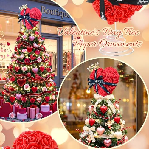 Capoda Valentine's Day Tree Topper Red Rose Heart Topper with Bows Decorations for Mini Christmas Tree 8 Inch Heart Treetop Ornaments for Valentines Galentines Day Holiday Wedding Party Supplies(Rose)