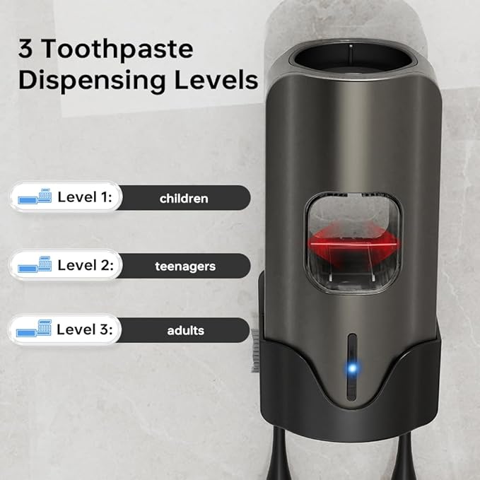 Automatic Toothpaste Dispenser Wall Mounted - Hands-Free Toothpaste Squeezer with 3 Speed Settings, 2 Toothbrush Holders & Strong Adhesive - Smart Bathroom Organizer for Kids and Adults