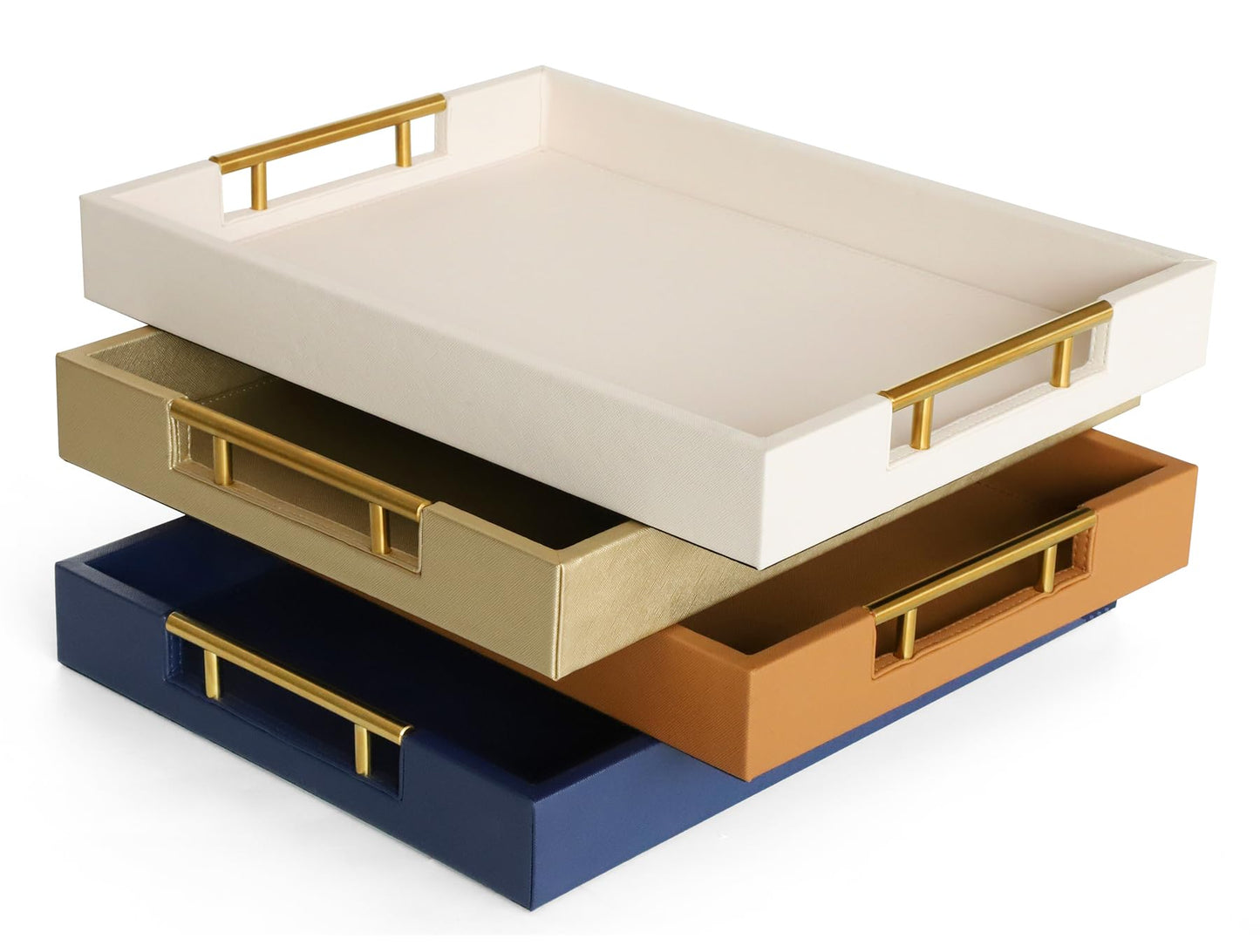HofferRuffer Faux Leather Serving Tray with Gold Metal Handles, Stylish Decorative Tray Organizer for Coffee Table, Ottoman, Home Decor and Serving (CreamWhite, 16.2" x 12.2" x 2")