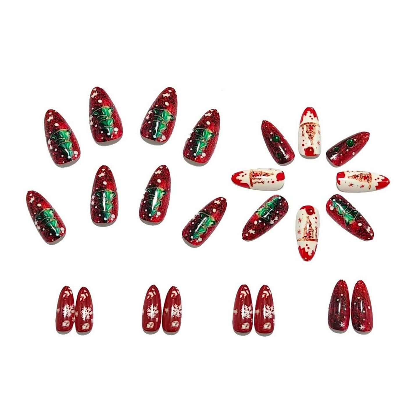 24 Pcs Christmas Press on Nails Medium Almond Fake Nails Red Glitter French and Christmas Tree Acrylic Nails New Year Snowflake Xmas False Nail for Women Manicure Decoration