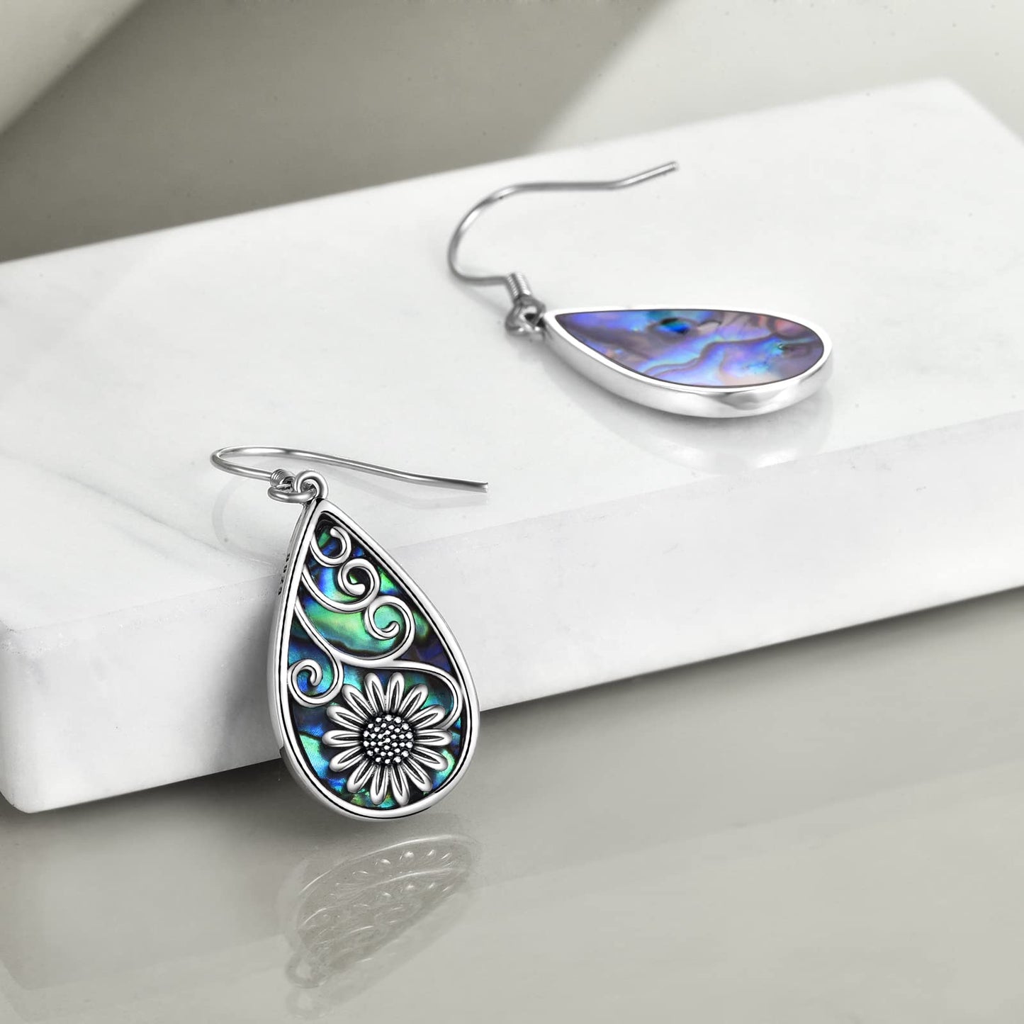 POPLYKE 925 Sterling Silver Sunflower Earrings Teardrop Abalone Dangle Earrings for Women Sunflower Jewelry