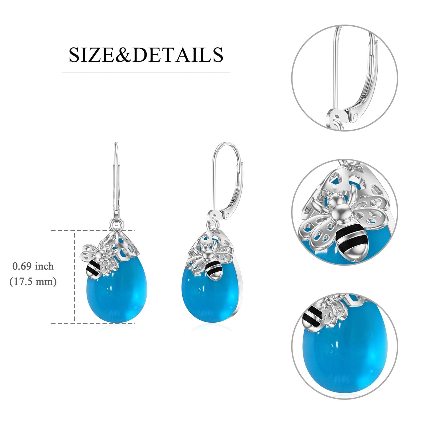 TIGERRIDER Bee 925 Sterling Silver French Clasp Earrings Blue Crystal Pendant Jewelry Gift for Women