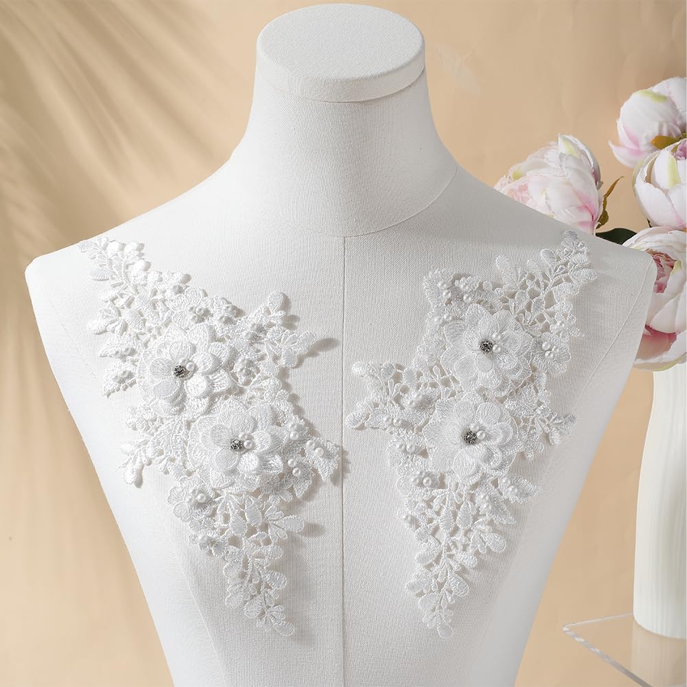 CABODYALS 4Pcs Beaded Lace Appliques White Pearl 3D Flower Crystal Applique Polyester Embroidery Floral Rhinestone Sew on Patches for Sewing Making Dresses Clothes Wedding Gown Headpiece DIY Supply