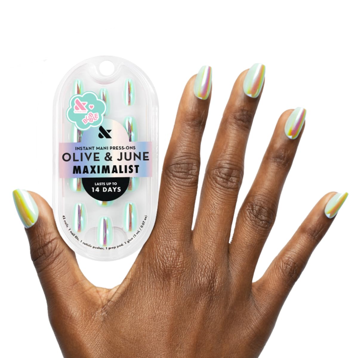 Olive & June Maximalist Instant Mani Press-On Nails (Glue) | 42 Fake Nails, 21 Sizes | Non-Toxic, Long-Lasting Big, Bold Gorgeous Realistic Look | Salon-Quality | Medium, Coffin | Teal Glass Chrome