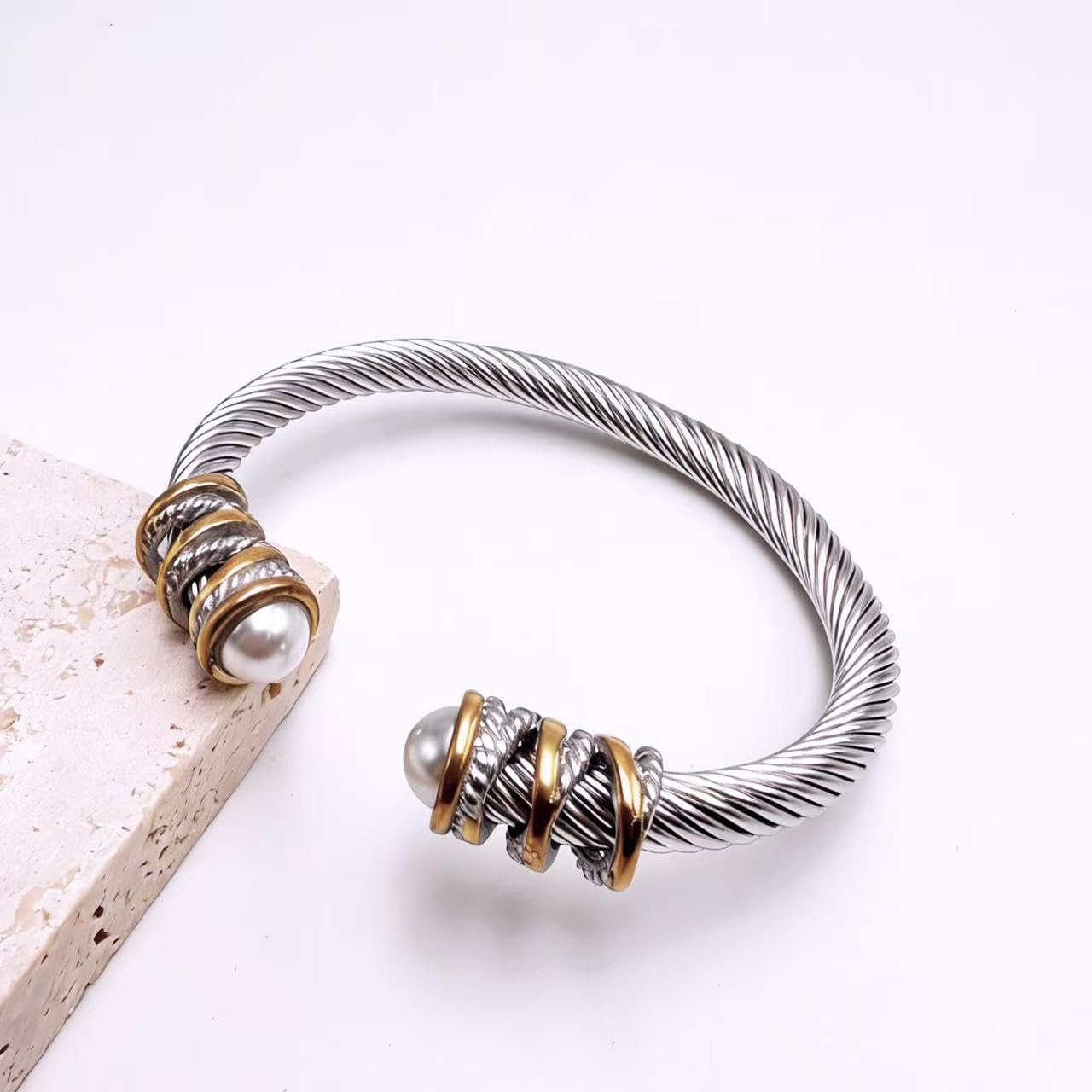Twisted Cable Open Cuff Bangle Bracelets for Women, Gold Plated Jewelry with Composite Shell Pearl, Adjustable Stainless Steel Bangle for Timeless Elegance