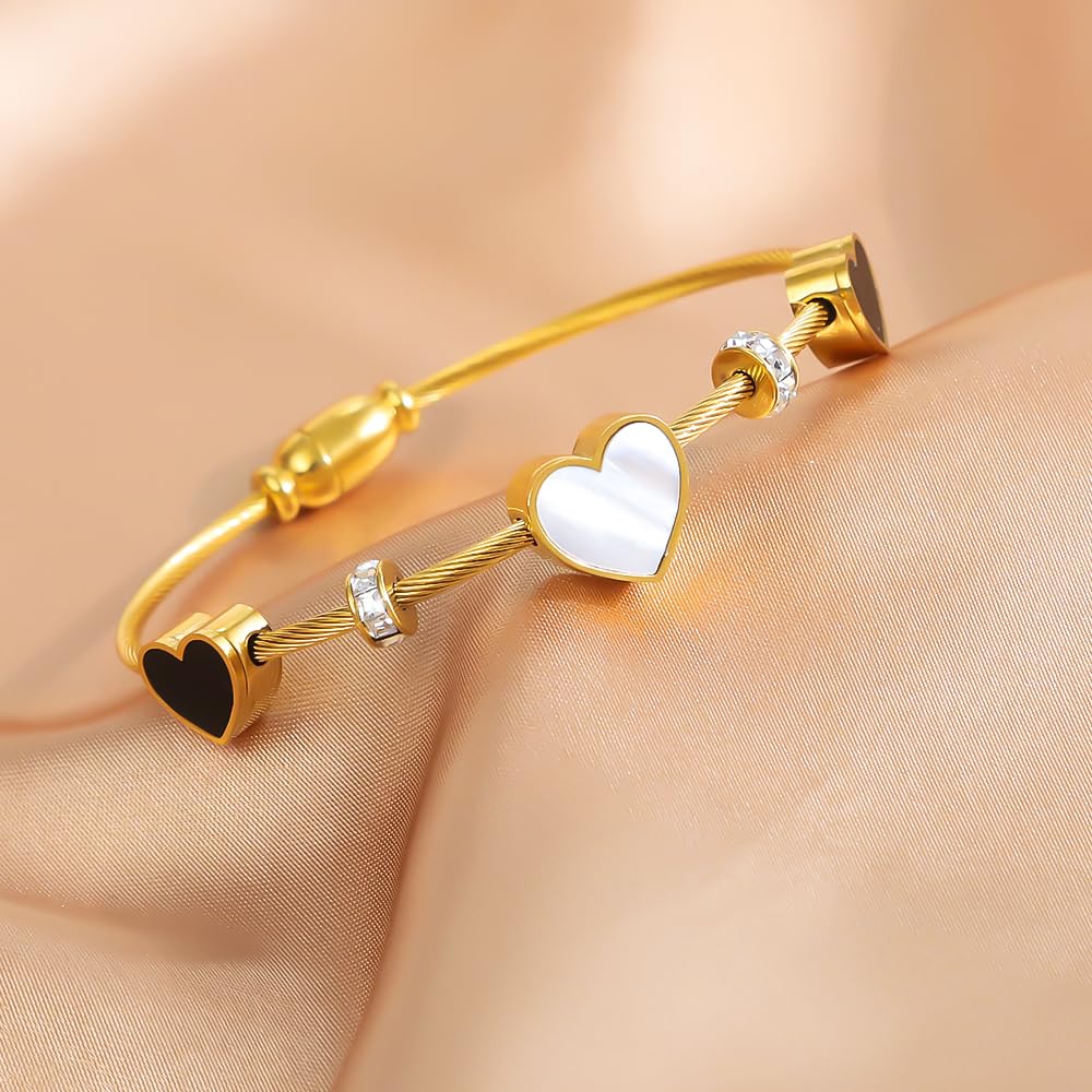 Women's 18K Gold Plated Stainless Steel Bangles & Bracelets Set White Shell Heart Roman Numerals & Cubic Zirconia Twisted Bands Waterproof Tarnish Resistant Hypoallergenic 2.3 Inches (6cm) Stackable Design (4-PC Style A)