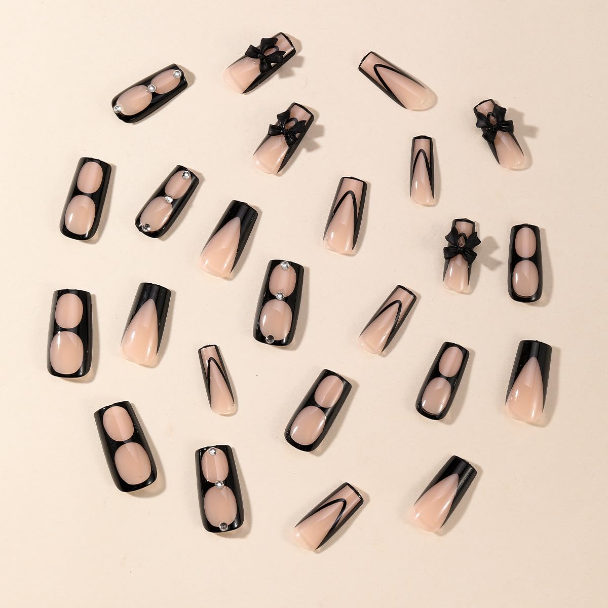 BABALAL Medium Square Press on Nails, Black French Tip Bow Goth Design Handmade Thick Full Cover Acrylic Squoval Glue on Nails 24 Pieces
