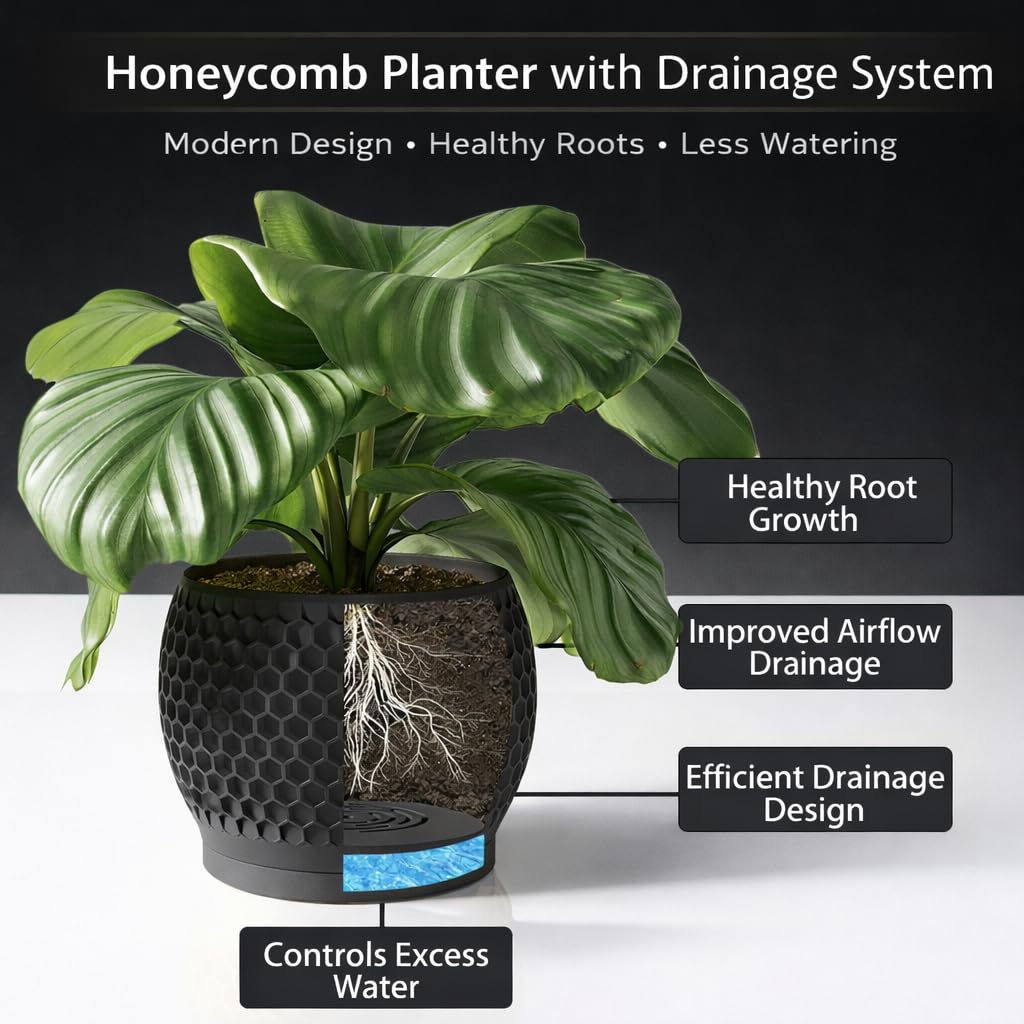 Fabix3D Plant Pots, Modern 3D Printed Honeycomb Planters for Indoor Plants, 4.7 Inch Matte Black Decorative Flower Pot for Office Desktop, Bookshelf & Home Decor, Lightweight & Durable.