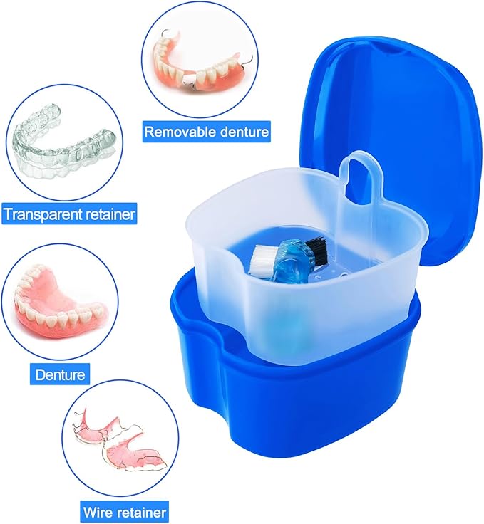 Dental Retainer Cup Holder Mouthguard Cleaning Case with Strainer Basket, Denture Bath Box Storage Cup Holder for Travel Cleaning - Dark Blue