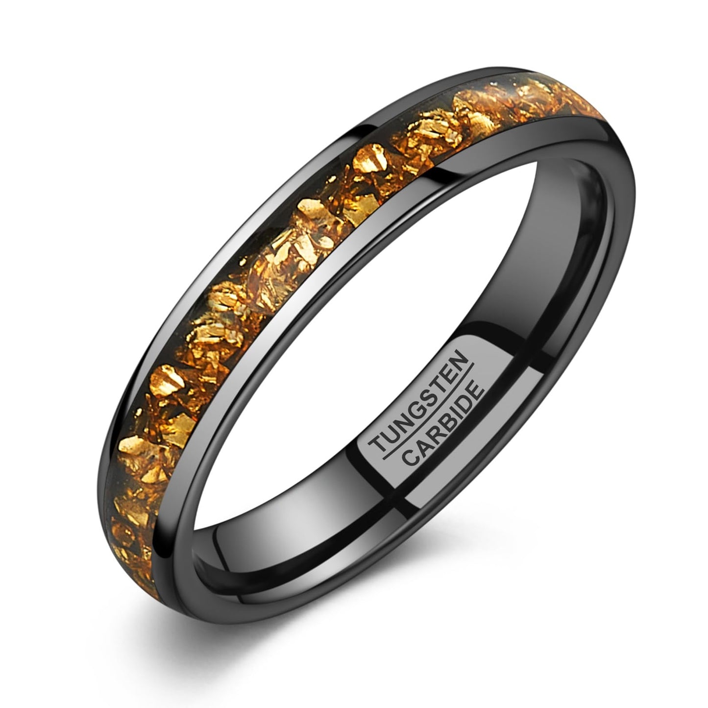 NUNCAD Women's Tungsten Rings 4mm Black Wedding Band Inlaid with Citrine Center Polished Domed Comfort Fit Size 7