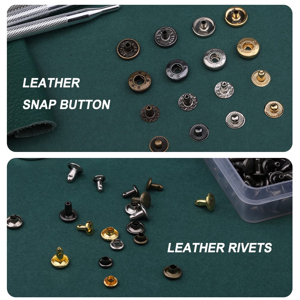 Yizzvb 320 Pcs Leather Rivets Kit, 60 Pcs Leather Snap Fasteners, 2 Size Double Cap Rivets Tubular, Double-Sided Nylon Hammer Fixing Tool Kit, Installation Tools for DIY Projects, Shoes and Repair