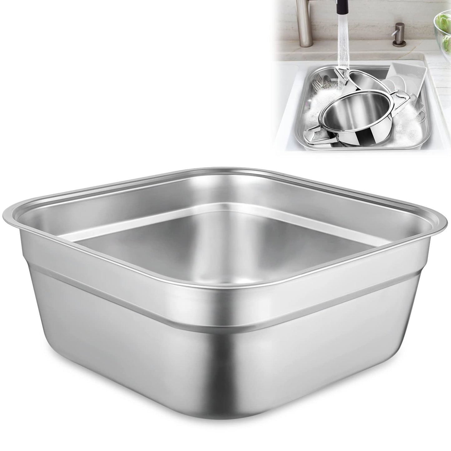 yeesport Stainless Steel Washing Up Bowl, Multi-Purpose Dish Tub for Sink, Large Square Container for Kitchen, Vegetable Washing Basin, Durable Dishpan for Home