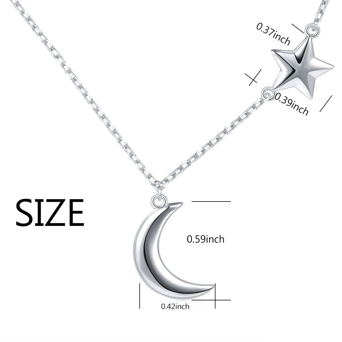 Ladytree S925 Sterling Silver Crescent Moon and Star Jewelry Pendant Necklace,Rolo Chain,18+2"