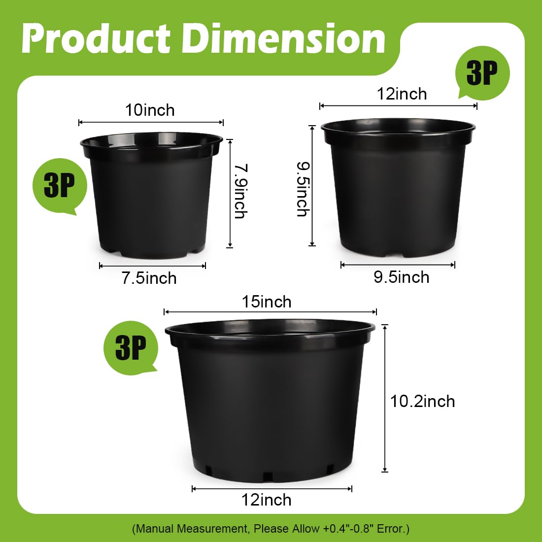 RooTrimmer 3/5/7 Gallon Nursery Pots 9 Pack Set, Plastic Planter with Drainage Holes – Round, Sturdy, Deep Design for Indoor/Outdoor Plants
