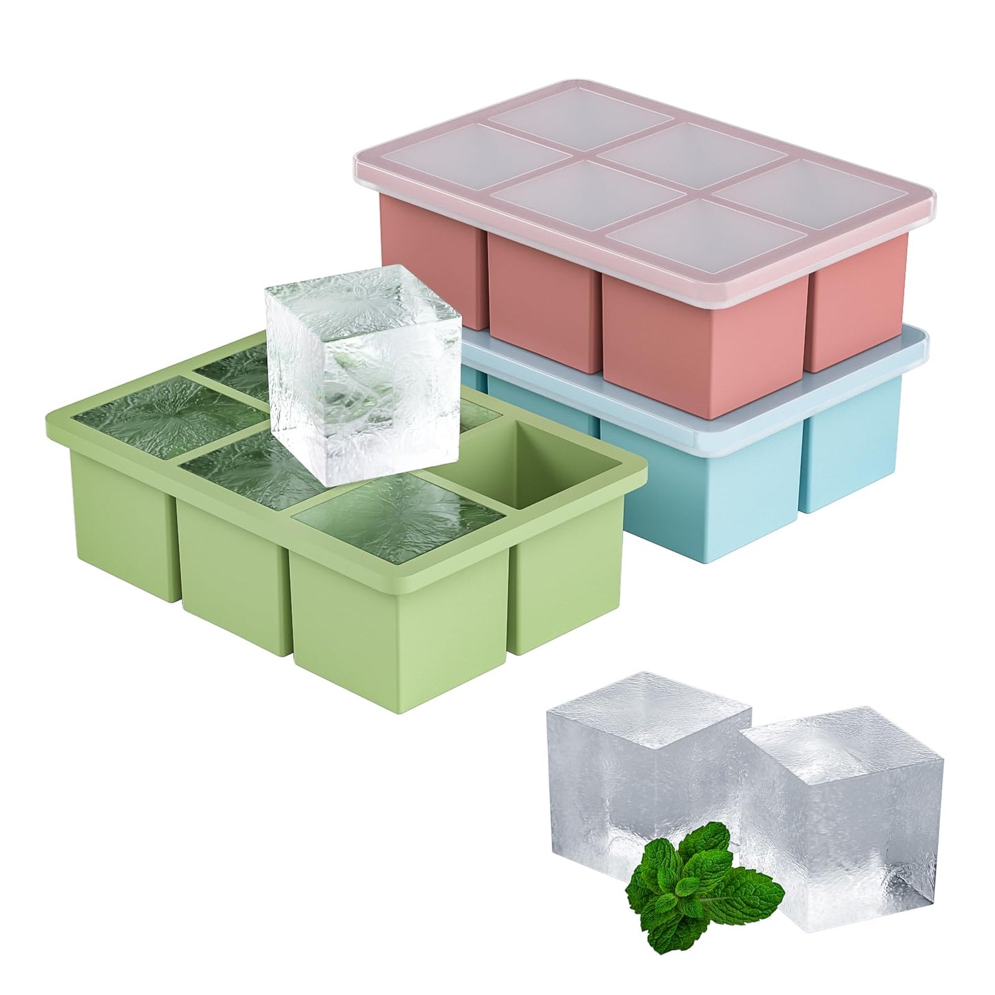 Large Ice Cube Tray for Whiskey 3 Pack, HANCELANT Big Silicone Square Ice Cube Mold with Removable Lid, 2'' Huge Square Ice Cubed Tray for Whisky and Cocktail(Blue+Green+Pink)