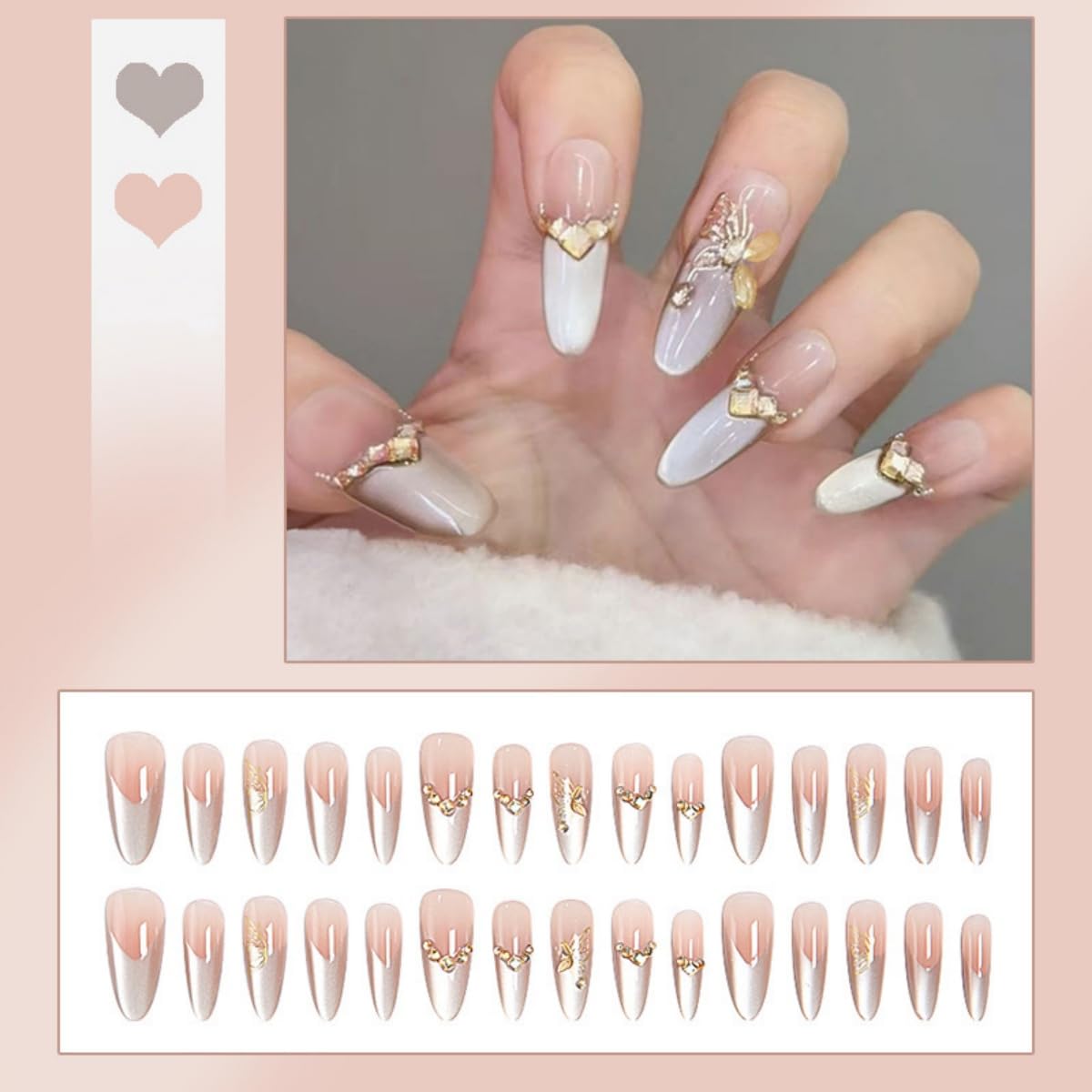 Silver French Tip Press on Nails Long Almond, Nude Fake Nails with Glue Gold Butterfly Diamond Rhinestones False Nails for Women DIY Manicure Decoration, 30PCS Reusable Artificial Nails