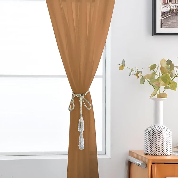 SpaceDresser Basic Rod Pocket Sheer Voile Window Curtain Panels Light Brown 1 Pair 2 Panels 52 Width 84 Inch Long for Kitchen Bedroom Children Living Room Yard（Light Brown, 52W x 84L）