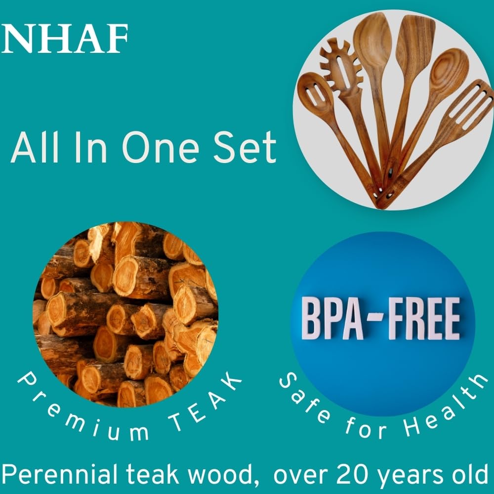 NHAF Wooden Utensils for Cooking, Premium Teak Healthy Spoons, Wooden Spoons for Cooking, Durable Eco-Friendly and Safe Teak Cooking Spoon, Cooking Gifts for Mom (set of 6) and Hooks