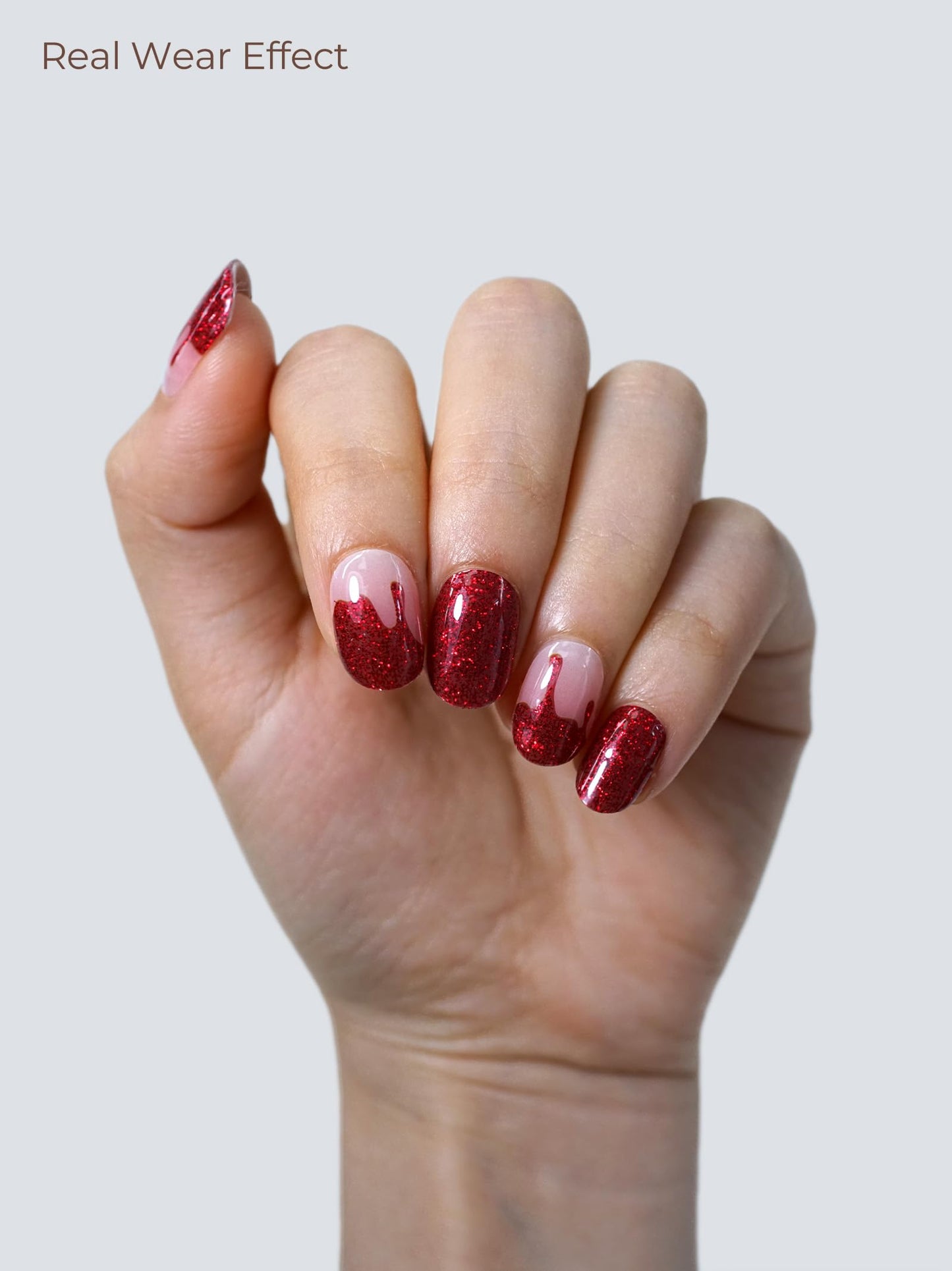 Beaolata Real Gel Nail Strips (No UV Light Needed) - 44Pcs Salon Quality Nail Stickers - Long Lasting Polish Wraps for Women, Easy Apply & Remove (Ruby Glitter)