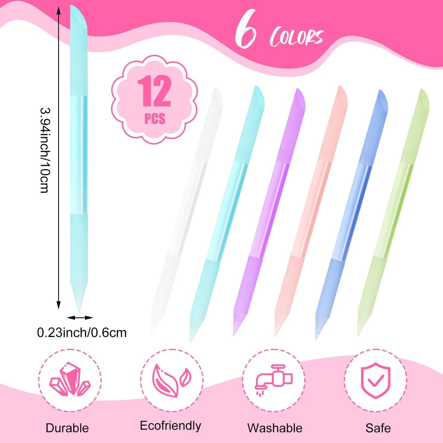 12 Pieces Glass Cuticle Pusher Crystal Double Sided Cuticle Trimmer Manicure File Glass Cuticle Stick Precision Filling Remover Tool Buffer for Women Salon Home Use, 6 Colors